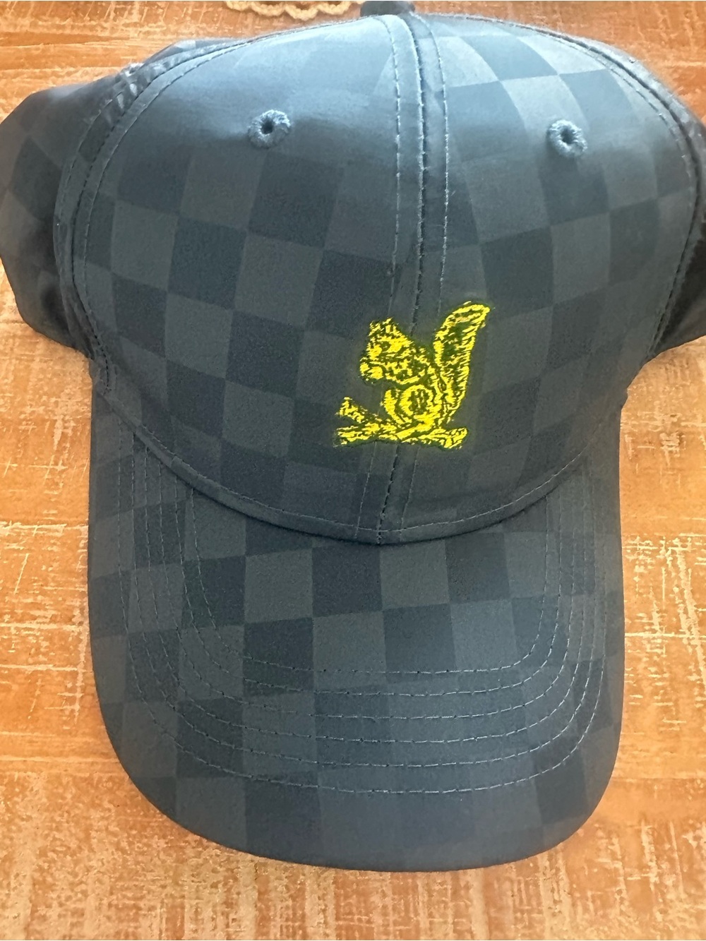 Men's Black Checkered Baseball Cap with Yellow Embroidered Squirrel